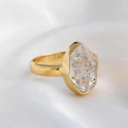 Trendy 925 Sterling Silver Gold Plated Gems Rings 8To10MM Handmade Herkimer Raw Stone Raw Shape Bezel Set Ring For Her Jewelry
