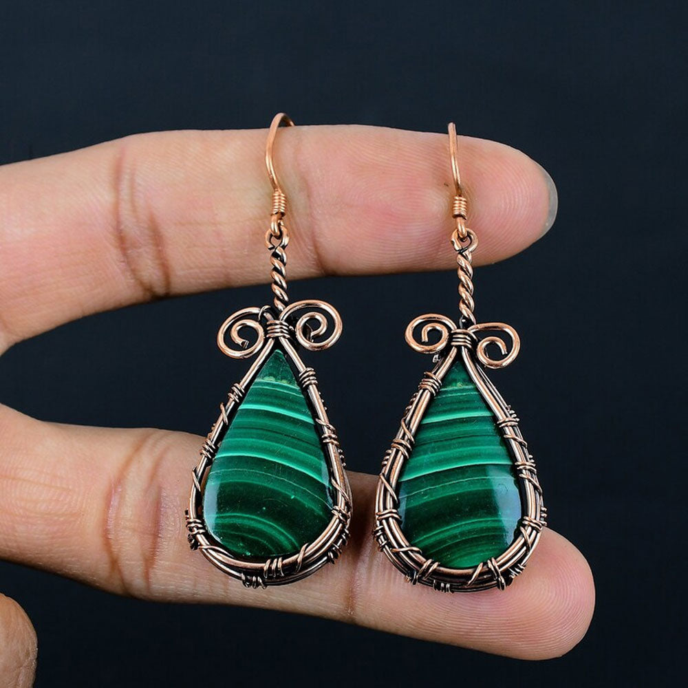 Handmade Metal Wire Wrapped Dangle Pair Earrings Malachite Gemstone Stone Size 20MM Pear Shape Wire Wrapped Setting Earring Foe Women's Gift Jewelry
