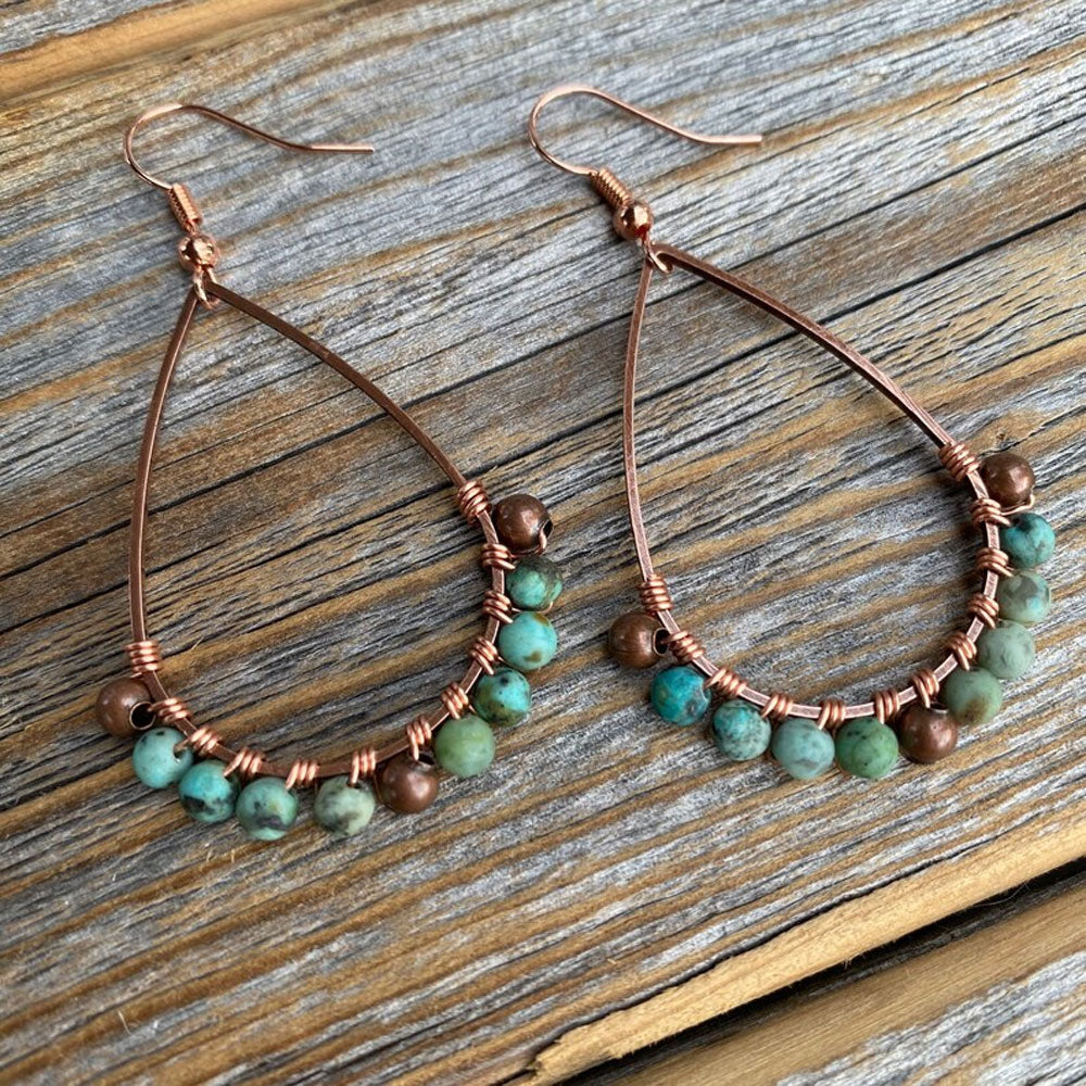 Handmade Metal Wire Wrapped Dangle Pair Earrings Turquoise Beads Gemstone Stone Size 3X5MM Round Shape Wire Wrapped Setting Earring Foe Women's Gift Jewelry