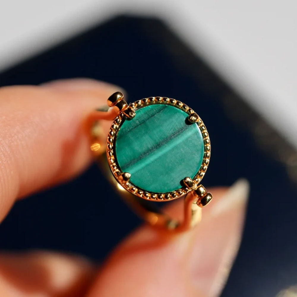 2025 Trendy Crafted By Hand Sterling Silver Adjustable Rings 10MM Round Shaped Malachite Gemstone Bezel Setting For Anniversary Gift Women or Men Jewelry For Her