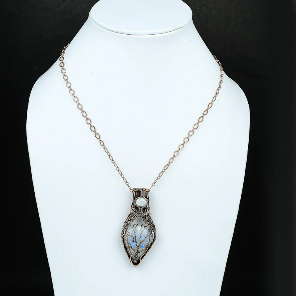 Handmade Copper/Brass Bezel With Tree Wire Wrapped Pendant Pear Shape 25To30MM Rainbow Moonstone Pendant For Happy Birthday Gift's