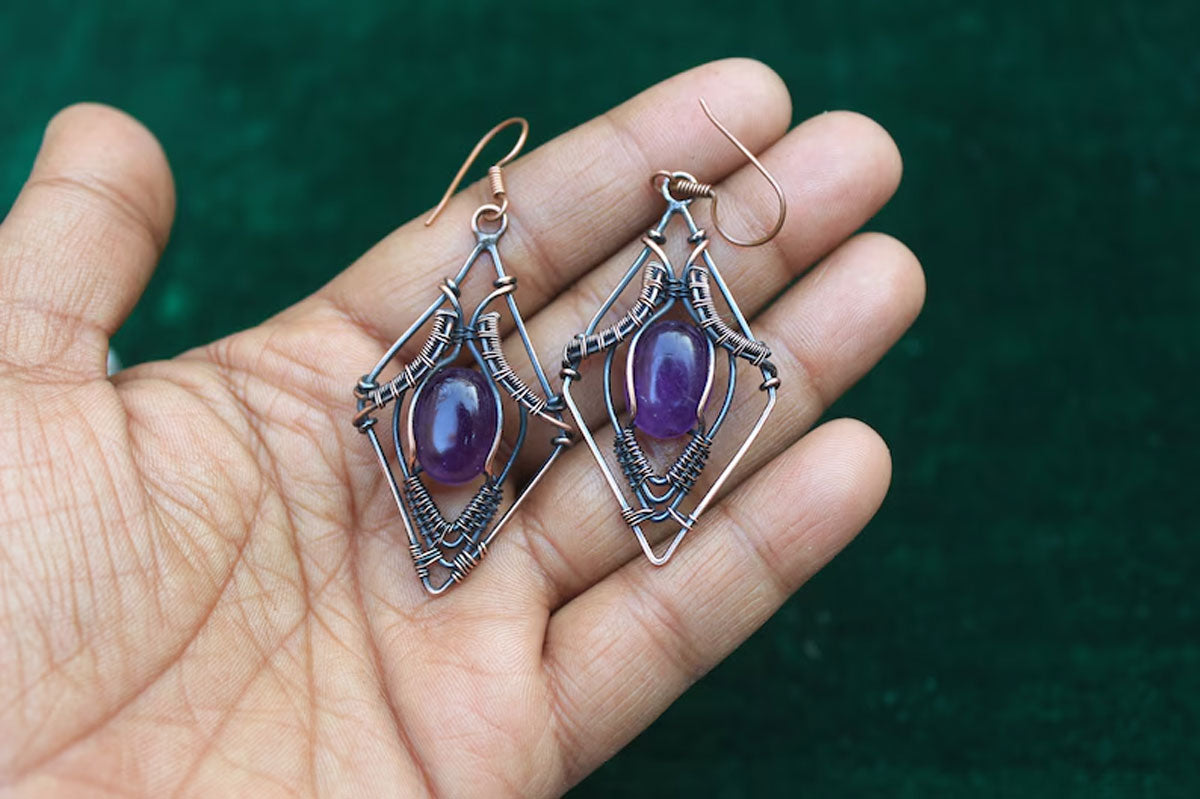 Handmade Metal Wire Wrapped Dangle Pair Earrings Amethyst Gemstone Stone Size 8To10MM Oval Shape Wire Wrapped Setting Earring Foe Women's Gift Jewelry