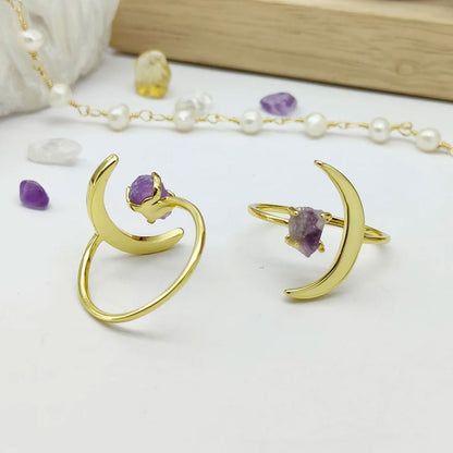Trendy 2025 Half Moon Shape 15mm 925 Sterling Silver Gold Plated Ring With Amethyst Raw Gemstone Crafted By Hand Jewelry Fine Ring Prong Setting For Anniversary Gift's Women or Men Jewelry For Her