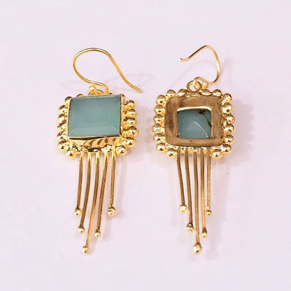 Designer Gold Plated Square Blue Chalcedony Fringe Earrings