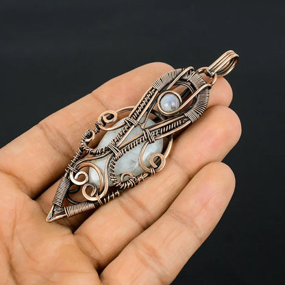 Awesome Handmade Copper/Brass Bezel With Wire Wrapped Pendant Pear Shape 25To30MM Rainbow Moonstone Pendant For Happy Birthday Gift's