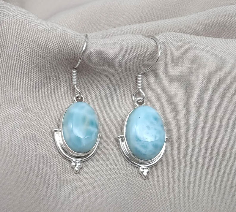 2025 Trendy Sterling Silver Dangle Pair Earring 10X14MM Oval Shaped Larimar Gemstone Bezel Setting For Anniversary Gift Women or Men Jewelry For Her