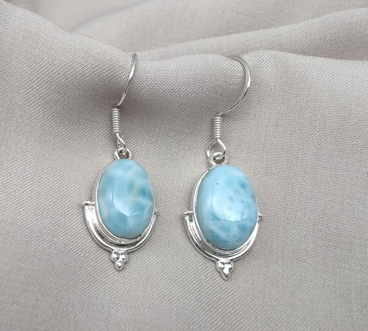 2025 Trendy Sterling Silver Dangle Pair Earring 10X14MM Oval Shaped Larimar Gemstone Bezel Setting For Anniversary Gift Women or Men Jewelry For Her