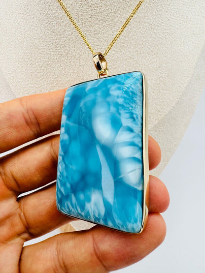 Natural Larimar Gemstone Brass Pendant Rectangle Shape