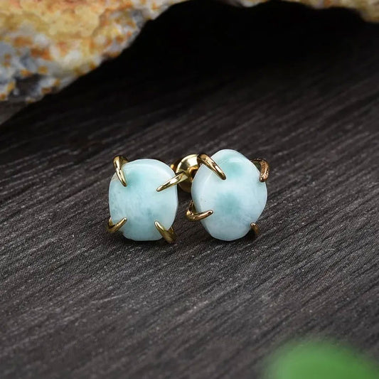 2025 Trendy Sterling Silver Stud Pair Earring 8X10MM Unione Shaped Larimar Gemstone Bezel Setting For Anniversary Gift Women or Men Jewelry For Her