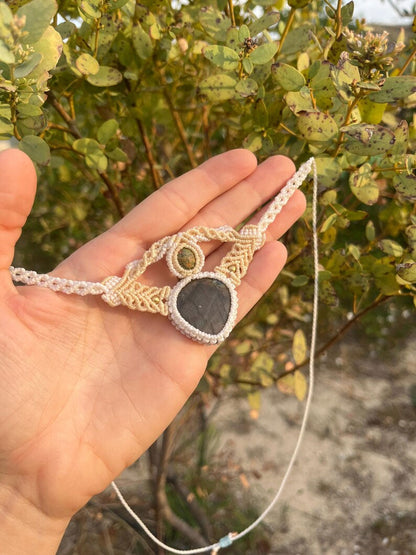 White & Gold Macrame Dual-Stone Necklace | Hari Om Creations