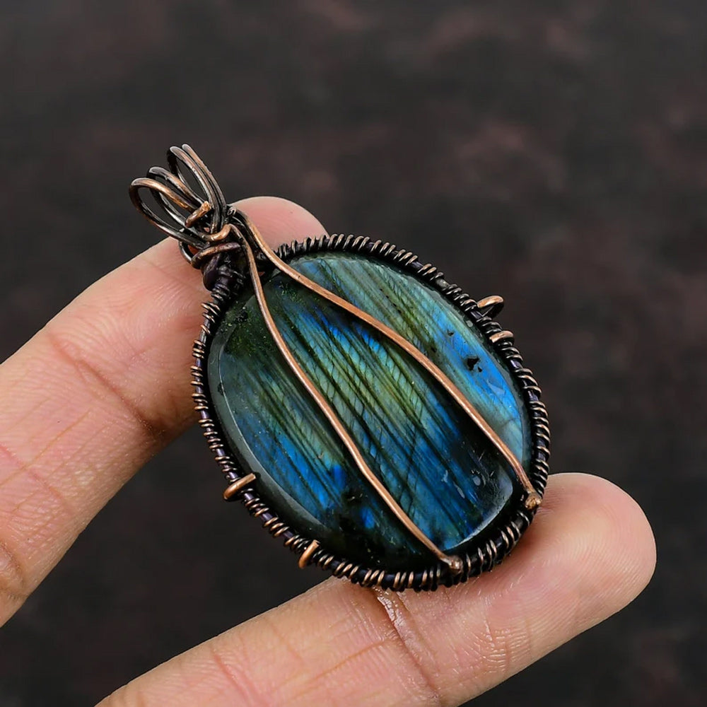 Awesome Handmade Copper/Brass Bezel With Wire Wrapped Pendant Oval Shape 20To25MM Labradorite Stone Pendant For Happy Birthday Gift's