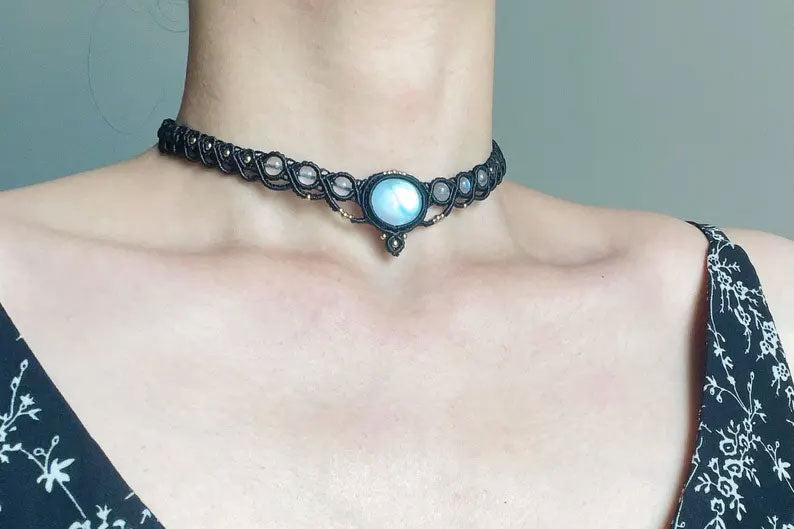 Moonstone Tribal Macrame Choker | Multi-Stone Woven Band