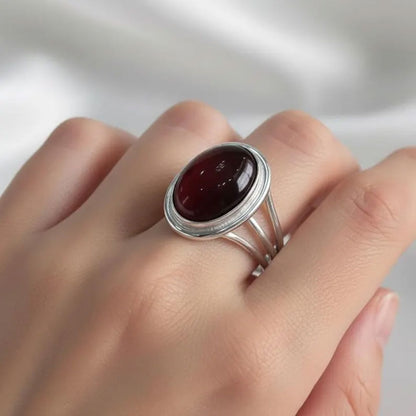 Classic Gold Triple-Band Ring with Oval Garnet