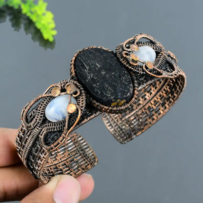 Handmade 25t030MM Oval Shape Black Druzy Stone With 10To15MM Rainbow Moonstone Copper Adjustable Bracelet Bezel With Copper Wire Wrapped Set Fashion Bracelet For Women Gift's