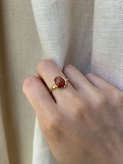 Gold Solitaire Ring with Polished Sunstone Gemstone