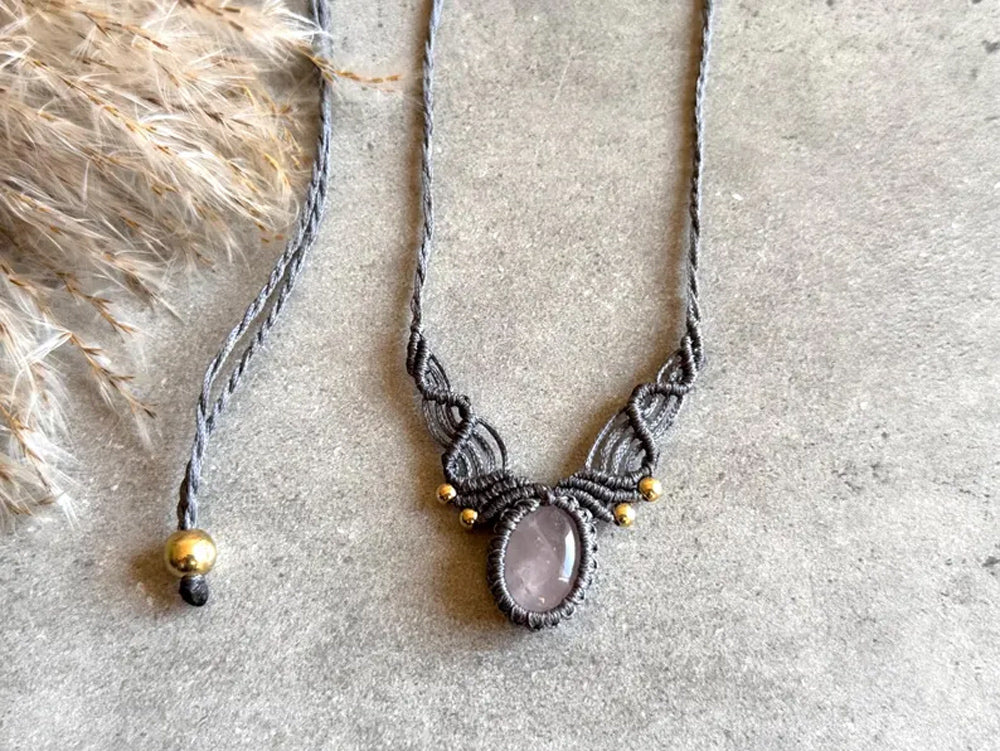 Crafted By Hand Macrame Necklace Oval Shape 15To20MM Approx Rose Quartz Gems Jewelry Awesome Necklace Gray Color Threads Bezel Set For Happy Birthday Gift Women Jewelry