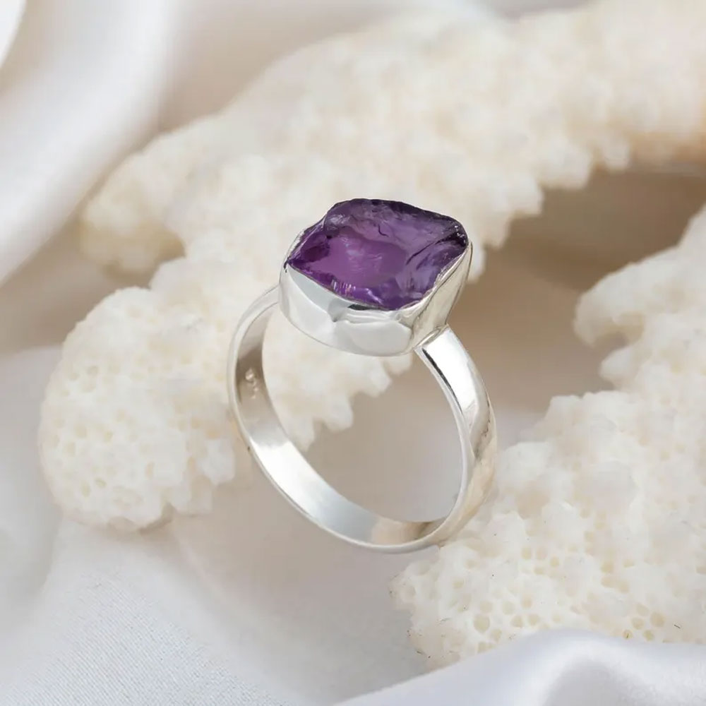 Sterling Silver Ring with Raw Purple Amethyst Crystal