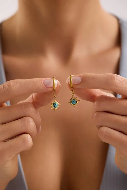 Turquoise Sun Charm Hoop Earrings | Celestial Gold Jewelry