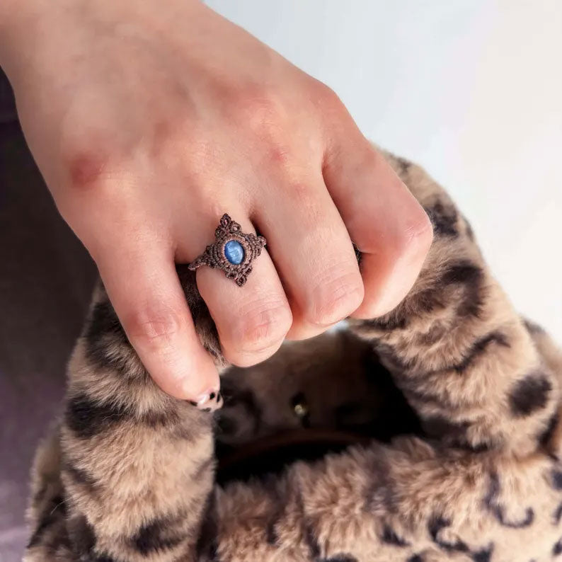 Hand-Woven Blue Gemstone Macrame Ring | Hari Om Creations