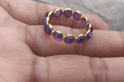 Trendy 925 Sterling Silver Gold Plated Gems Rings 3MM Handmade Amethyst Stone Round Shape Bezel Set Ring For Her Jewelry