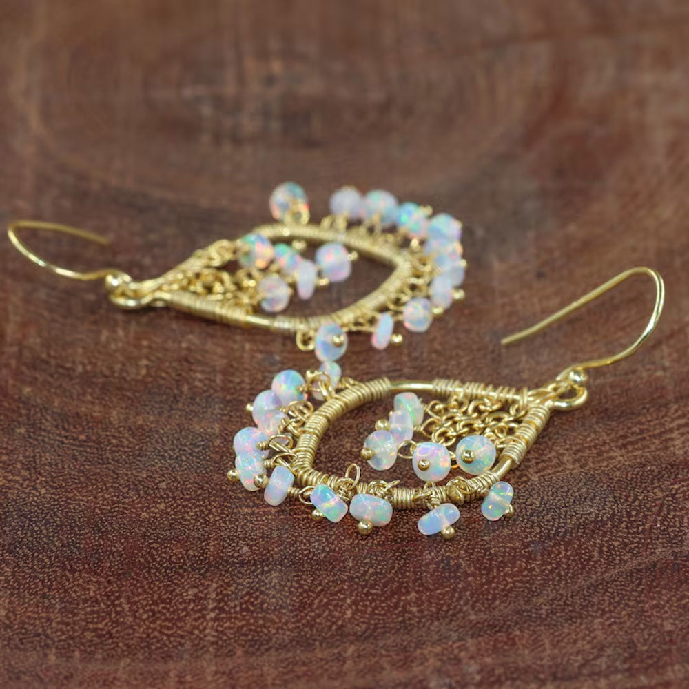 Handmade Metal Wire Wrapped Dangle Pair Earrings Ethiopian Opal Gemstone Stone Size 3To5MM Round Shape Wire Wrapped Setting Earring Foe Women's Gift Jewelry