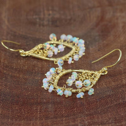 Handmade Metal Wire Wrapped Dangle Pair Earrings Ethiopian Opal Gemstone Stone Size 3To5MM Round Shape Wire Wrapped Setting Earring Foe Women's Gift Jewelry