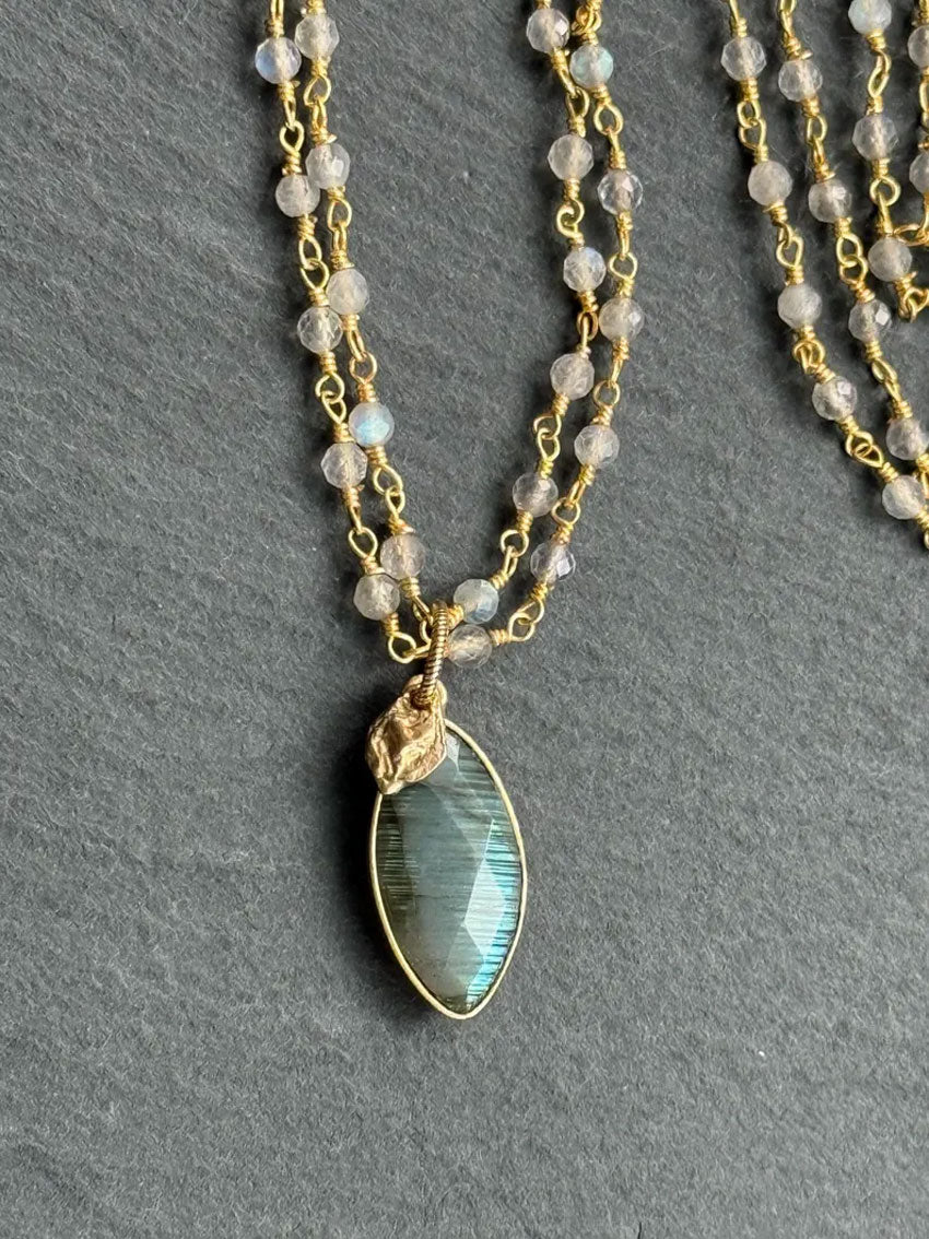 Handmade Wire Wrapped Brass Necklace Stone Size 8To16MM Pear Shape Labradorite Stone Bezel Set Necklace For Happy Birthday Gift For Women