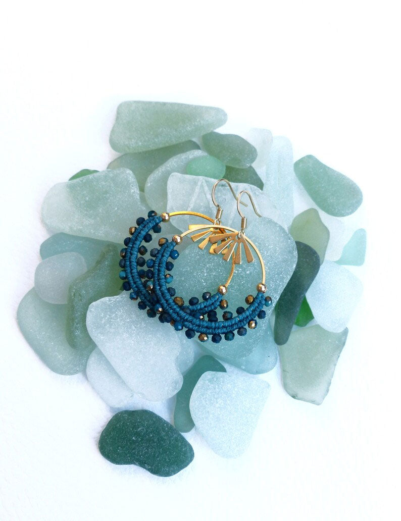 Blue Beaded Macrame Hoop Earrings | Hari Om Creations