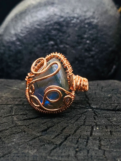 Handmade Wire Wrapped Brass Ring Size 15To20MM Pear Shape Labradorite Stone Bezel Set Ring For Happy Birthday Gift For Women