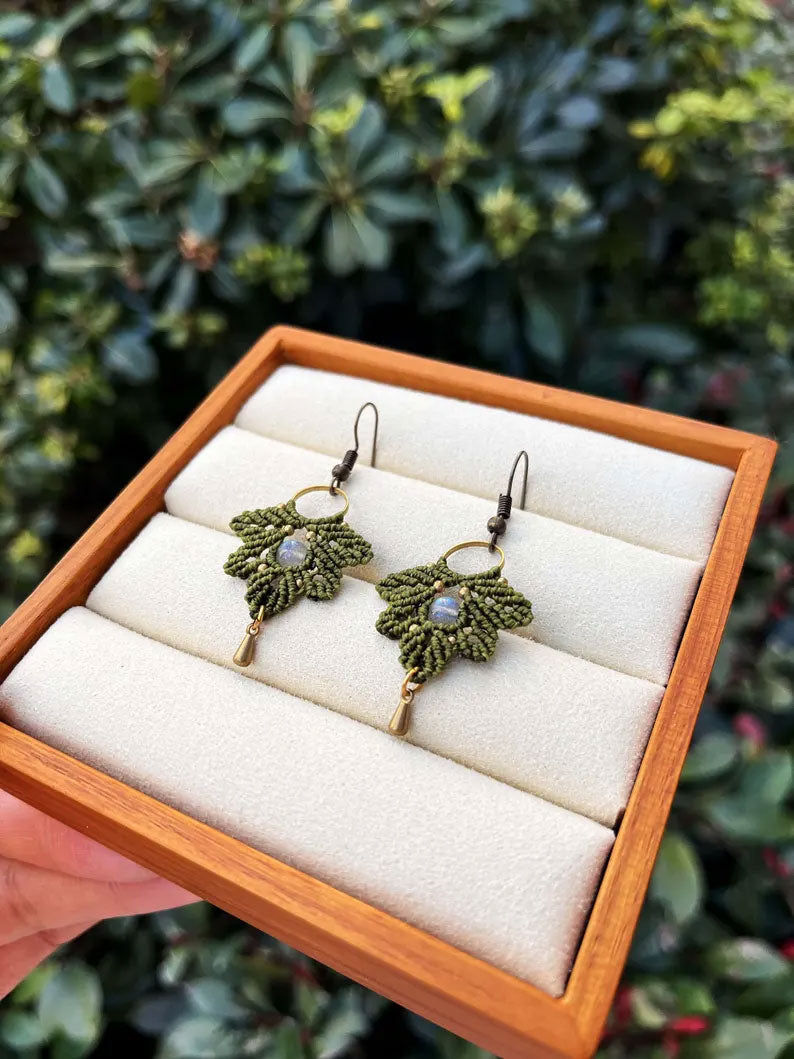 Forest Green Macrame Leaf Earrings | Hari Om Creations