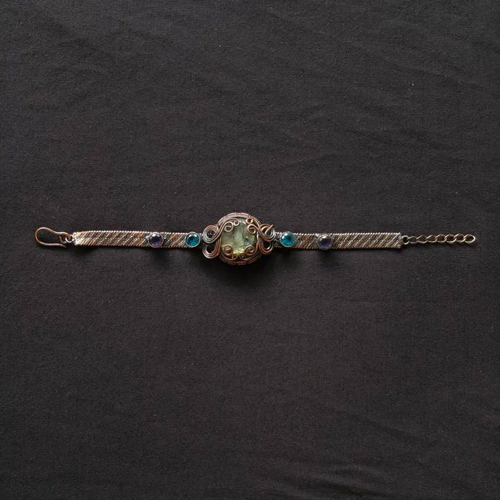 Adjustable Handmade Wire Wrapped Brass Bracelet Size 15MM Round Shape Labradorite Amethyst Stone Bezel Set Ring For Happy Birthday Gift For Women