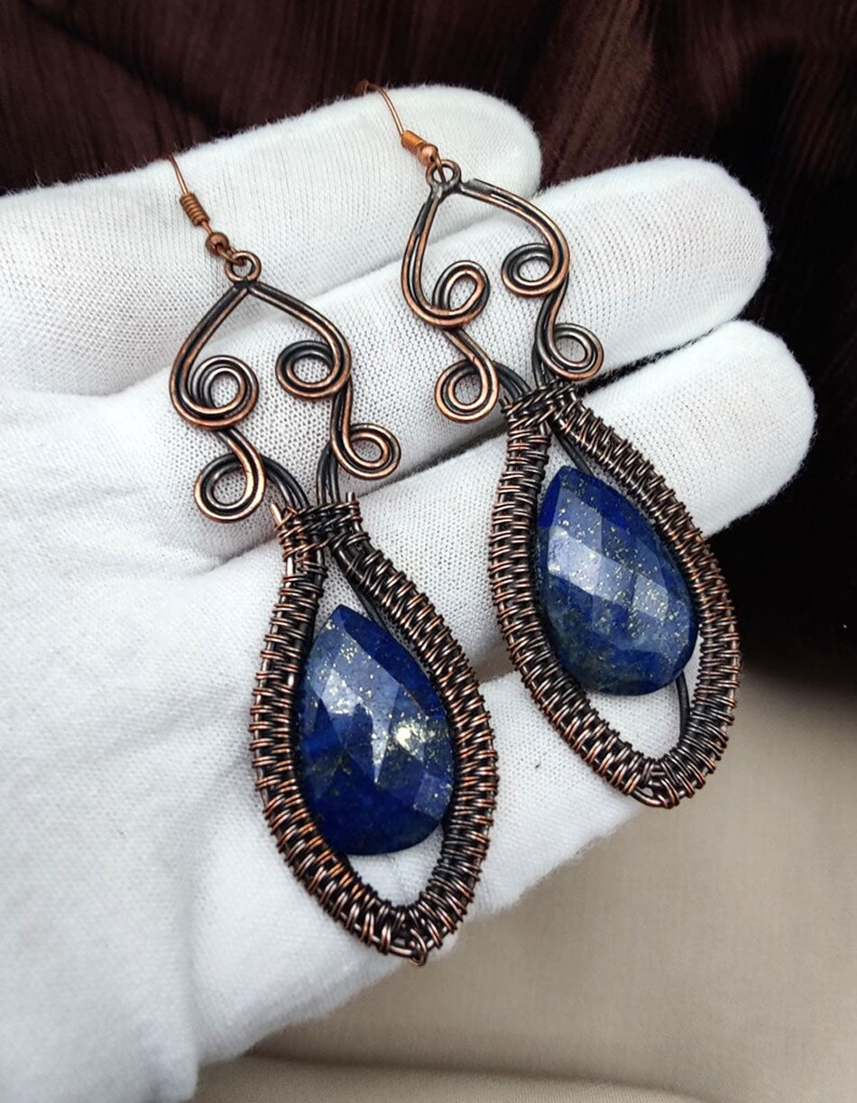 Handmade Metal Wire Wrapped Dangle Pair Earrings Lapis Lazuli Gemstone Stone Size 15MM Pear Shape Wire Wrapped Setting Earring Foe Women's Gift Jewelry