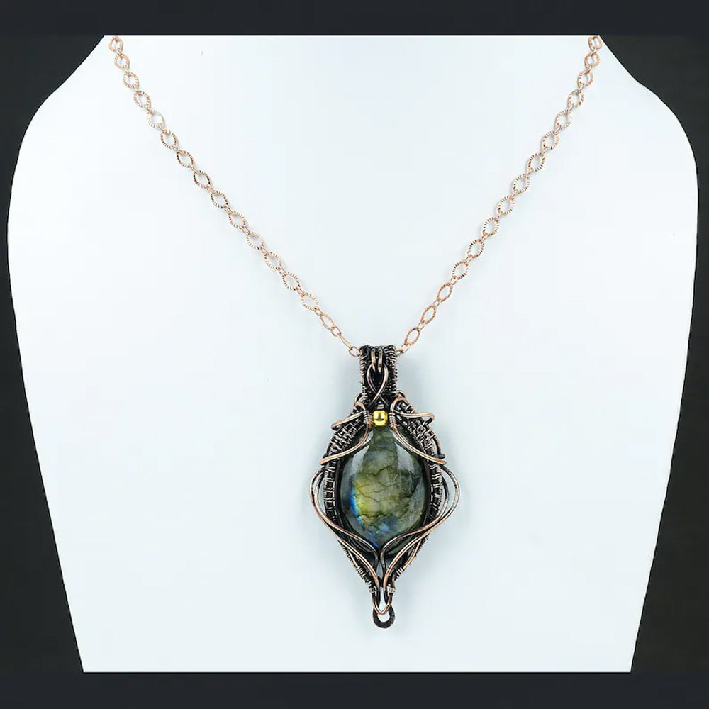 Trendy Handmade Copper Bezel With Wire Wrapped Pendant Round Shape 25To30MM Labradorite Gemstone Pendant For Happy Birthday Gift's
