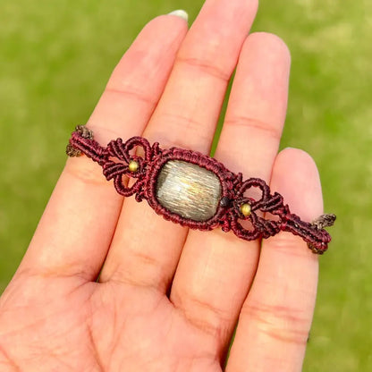 Maroon Macrame Sunstone Bracelet | Boho Hand-Woven Jewelry