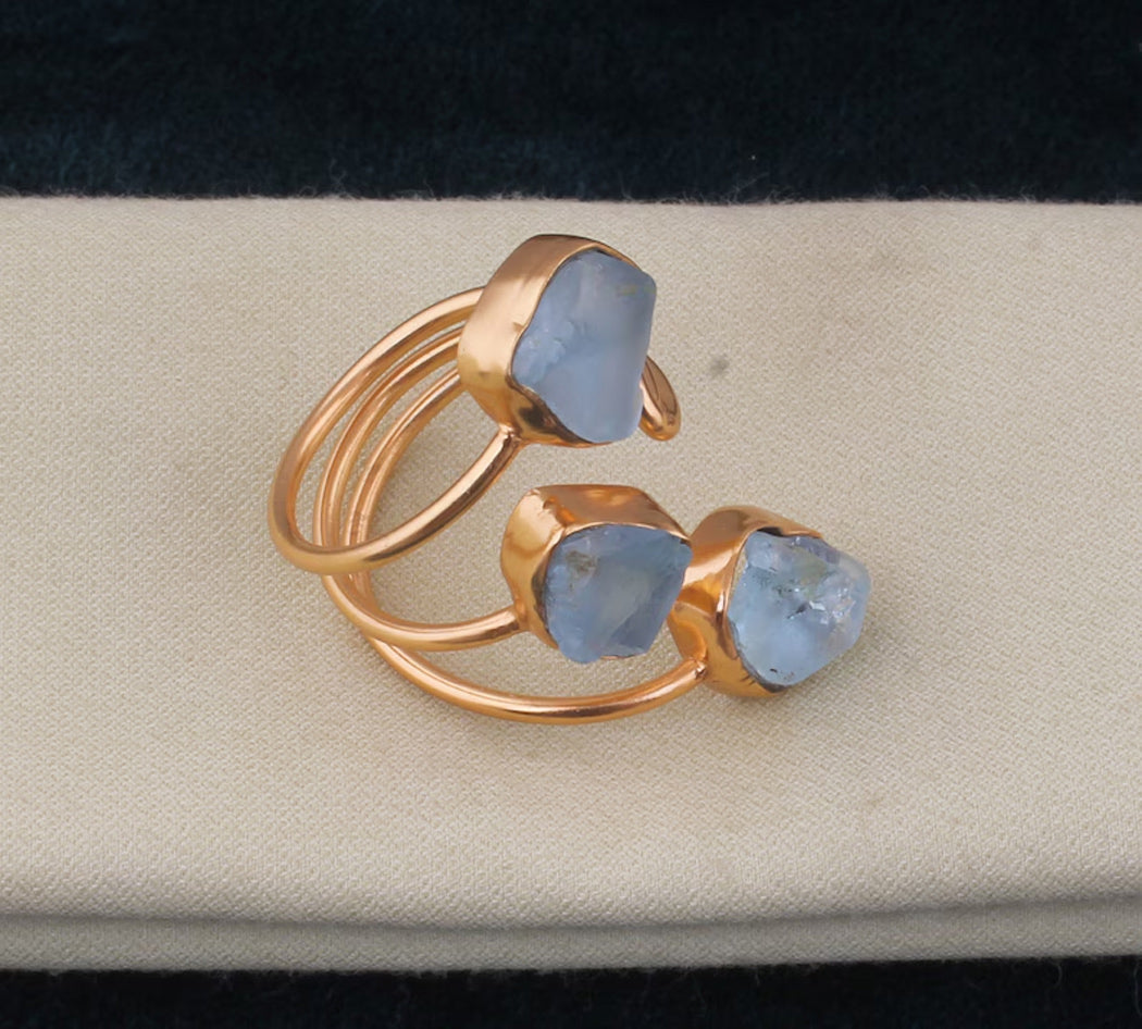 925 Sterling Silver Gold Plated Gemstone Rings 8X12MM Handmade Aquamarine Stone Raw Shape Bezel Set Ring For Her Jewelry