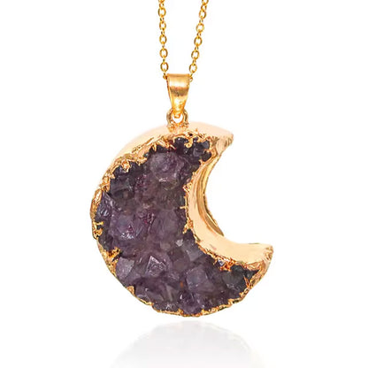 Trendy 2025 925 Sterling Silver Pendant Jewelry 10To25mm Amethyst Raw Gemstone Pendant With Chain Electroplated Set Half Moon Shape For Anniversary Gift's Women or Men Jewelry For Her