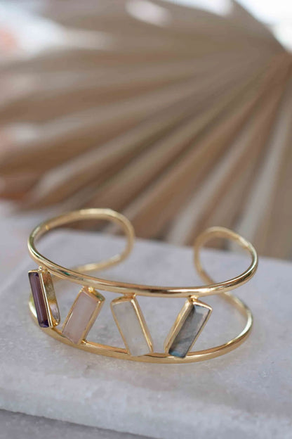 Adjustable Handmade Wire Wrapped Brass Bangle Size 12MM Rectangle Shape Labradorite Amethyst Moonstone Gemstone Bezel Set Bangle For Happy Birthday Gift For Women