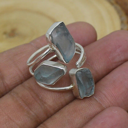 925 Sterling Silver Gold Plated Gemstone Rings Three Stone Ring 8X12MM Handmade Aquamarine Stone Raw Shape Bezel Set Ring For Her Jewelry