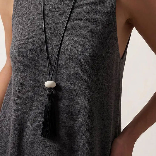 Black Tassel Necklace with White Bead | Handmade Jewelry