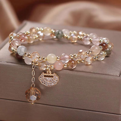 Handmade Brass Bracelet with Rutile Quartz & Pink Chalcedony | 8MM
