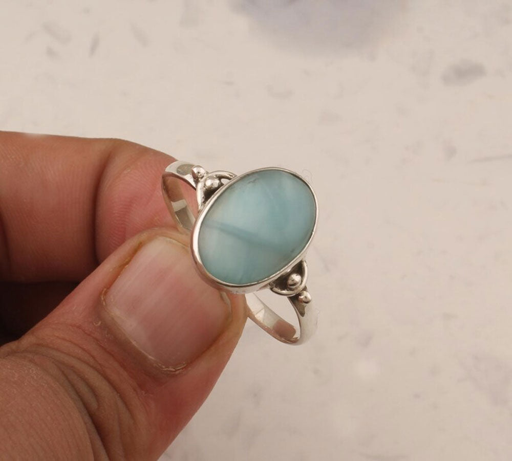 Handmade Sterling Silver Rings 10X12MM Oval Shaped Larimar Gemstone Bezel Setting For Anniversary Gift Women or Men Jewelry For Her