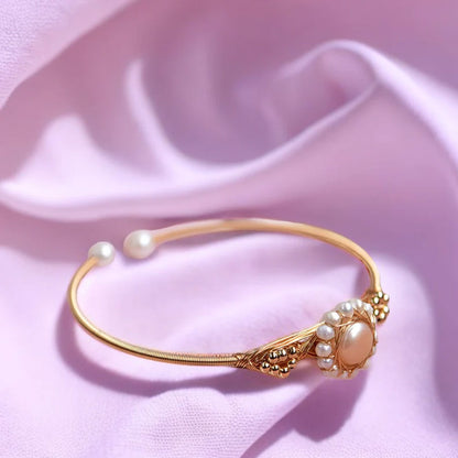 Adjustable Handmade Wire Wrapped Brass Bangle Size 12MM Round Shape Chinese White Pearl Gemstone Bezel Set Bangle For Happy Birthday Gift For Women