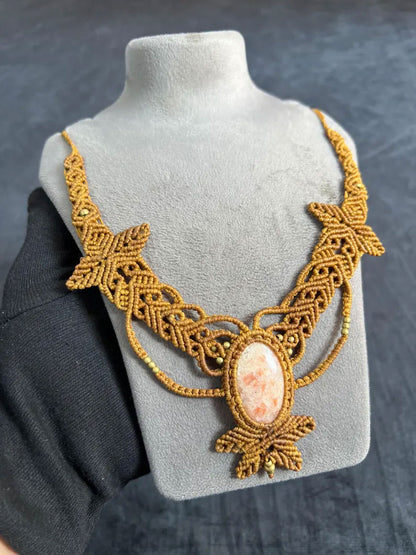 Boho Macrame Statement Necklace | Hand-Woven Stone Pendant