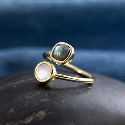 Labradorite or Rainbow Moonstone Gems Round Or Square Shape 8X10MM Approx Rings Handmade Sterling Silver Ring Bezel Set  For Anniversary Gift Women or Men Jewelry For Her