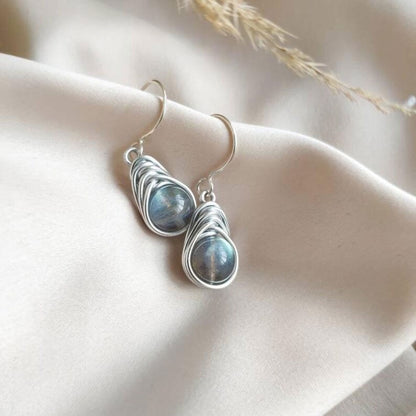 Handmade Metal Wire Wrapped Dangle Pair Earrings Labradorite Gemstone Stone Size 10MM Round Shape Wire Wrapped Setting Earring Foe Women's Gift Jewelry