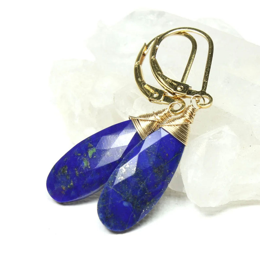 Lapis Lazuli Gold Plated Wire Wrapped Drop Earrings | Handmade