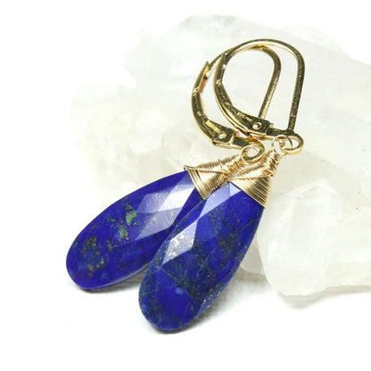 Lapis Lazuli Gold Plated Wire Wrapped Drop Earrings | Handmade