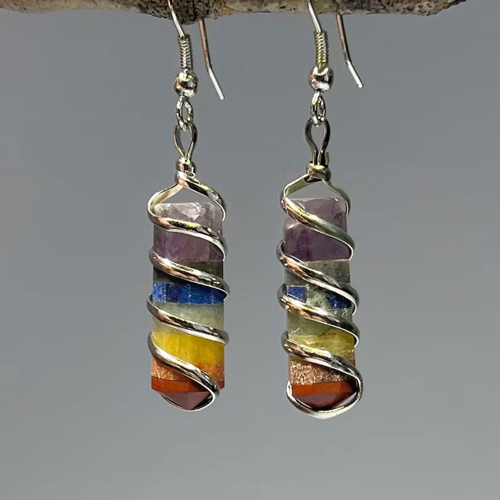 Handmade Metal Wire Wrapped Dangle Pair Earrings Seven Chakra Gemstone Stone Size 15To20MM Pencil Shape Wire Wrapped Setting Earring Foe Women's Gift Jewelry