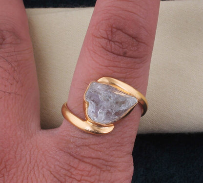 925 Sterling Silver Gold Plated Gemstone Rings 8To12MM Handmade Aquamarine Stone Raw Shape Bezel Set Ring For Her Jewelry