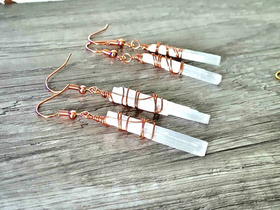 Handmade Metal Wire Wrapped Dangle Pair Earrings Selenite Gemstone Stone Size 15To20MM Pencil Shape Wire Wrapped Setting Earring Foe Women's Gift Jewelry